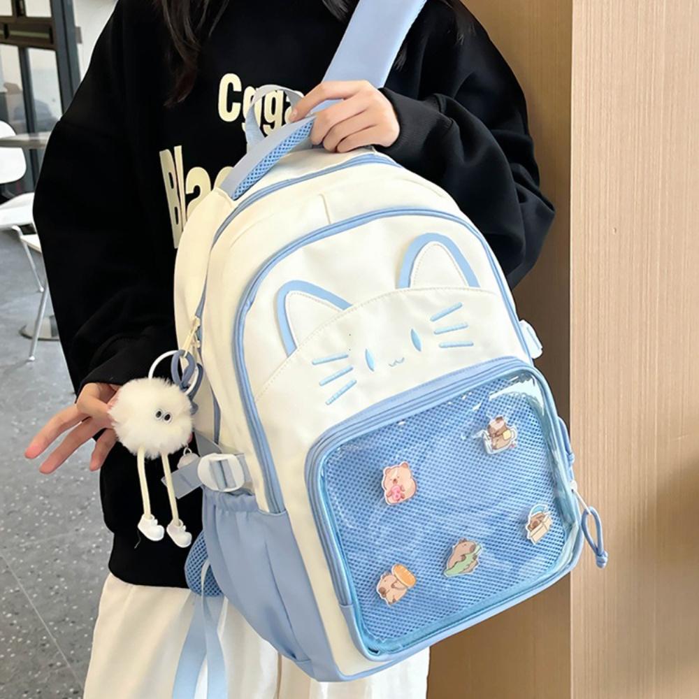 Zaini Ita Gatto Carino Y2K Grande Capacità Zaini Casual Ragazza Trasparente Display DIY Zaini Cartone Animato Tendenza Borse da Viaggio Scolastiche