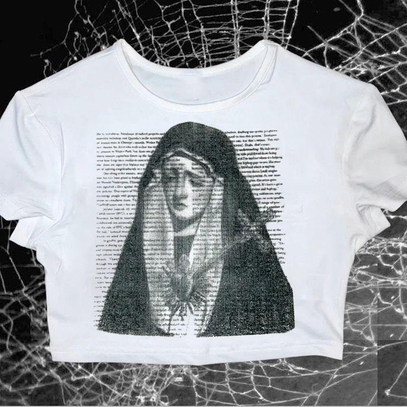 

Винтажная готическая футболка Y2K с круглым вырезом для мужчин и женщин: Ретро Свободный Крой с Европейским и Американским Готическим Принтом Large