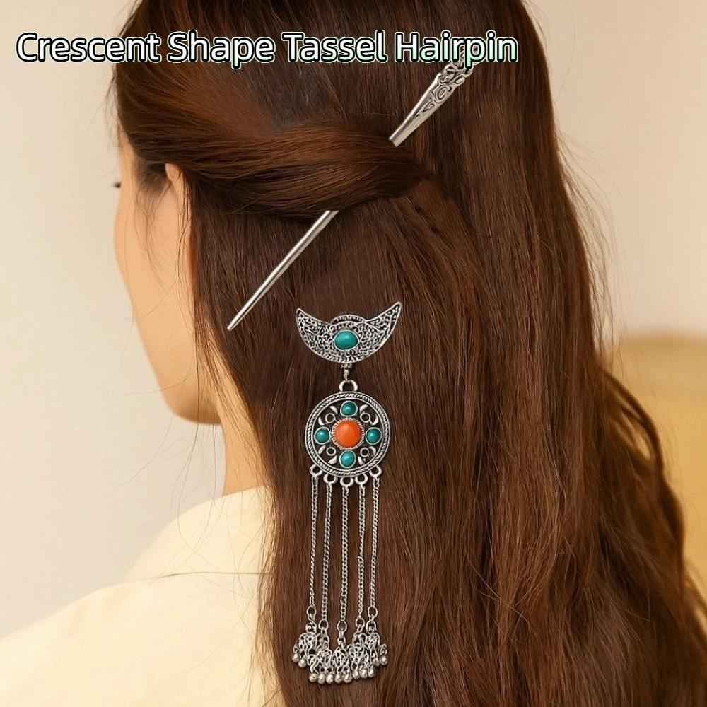 Metal Crescent Shape Tassel Hairpin Ancient Hanfu Hair Fork  Costume Headdress