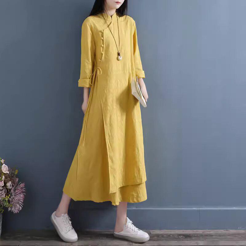 2024 Women's Double Layer Chinese Frog Button Cotton Linen Dress for Spring/Autumn - Retro Zen Tea Ceremony Style
