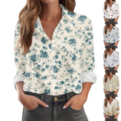 Women's Shirt With Floral Print Buttons, Long Sleeved Casual Regular Shirt Blouses Casual Plus Size Basic Tops