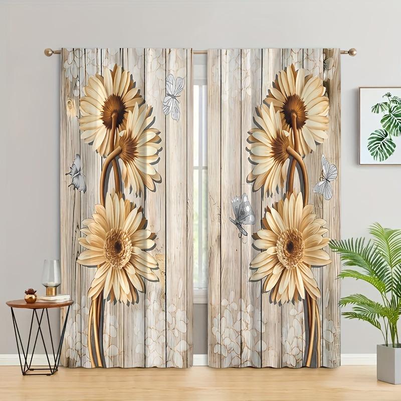2pcs Sunflower Printed Curtain, Rod Pocket Window Treatment For Bedroom Office Kitchen Living Room Study Home Decor