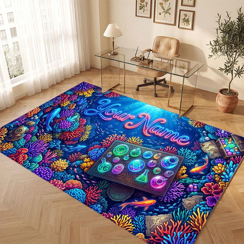 Octopus Sea Life Theme Crystal Velvet Floor Rug Personalized Custom Name Text Warm Carpet Home Decoration