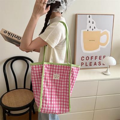 3 Literary and Retro Red and Blue Contrasting Colors Grid Dopamine Shoulder Bag Handbag Commuter Canvas Bag Women