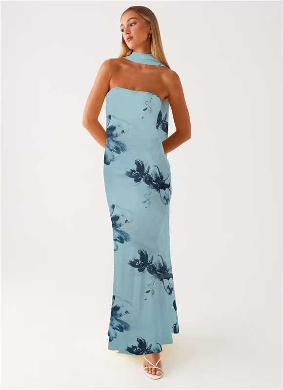 Maxi Abito in Chiffon Floreale Francese con Zip per Vacanze Estive al Mare