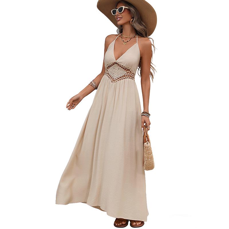 New 2026 Casual Resort Halter Maxi Dress with Backless Bow Tie Design