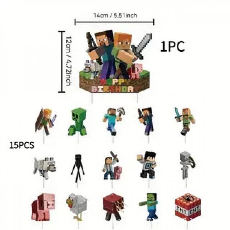Pixel War Minecraft Birthday Party Decorations: Balloons & Cake Toppers