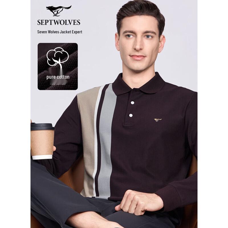 SEPTWOLVES Men s Anti-Bacterial Cotton Feel Striped Long Sleeve Polo Shirt 3XL