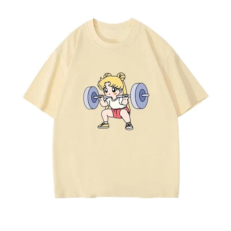 2026 Sailor Moon Levantando Hierro Fitness Hombres Mujeres Camiseta Algodón Chica Verano Holgada Linda Dulce Divertida Mangas Cortas Top Hip Hop Streetwear Camiseta Oversize