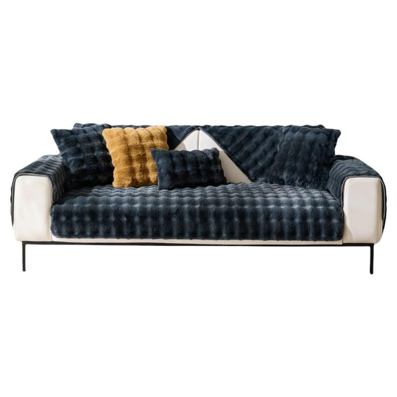 Solid Color Sofa Cushion, Pet Friendly Sofa Cover, Plush Sofa Protector, Thickened Winter Plush Pad Protector with Rabbit Hair Touch and Bubble Stripe