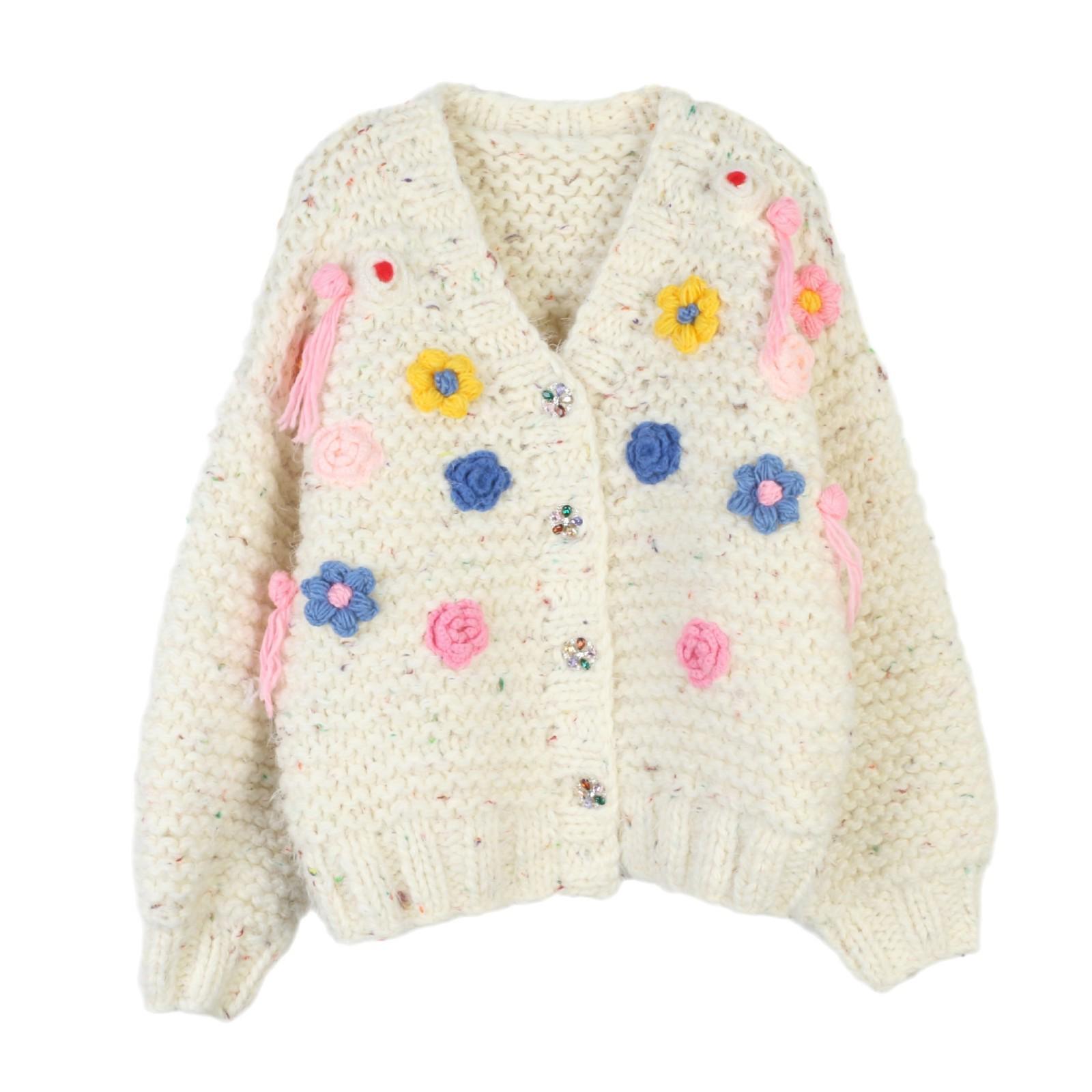 

Кардиган вязаный с V-образным вырезом в стиле Мори с ручной вышивкой, цветочным узором и цветными блоками для осени/зимы. Large