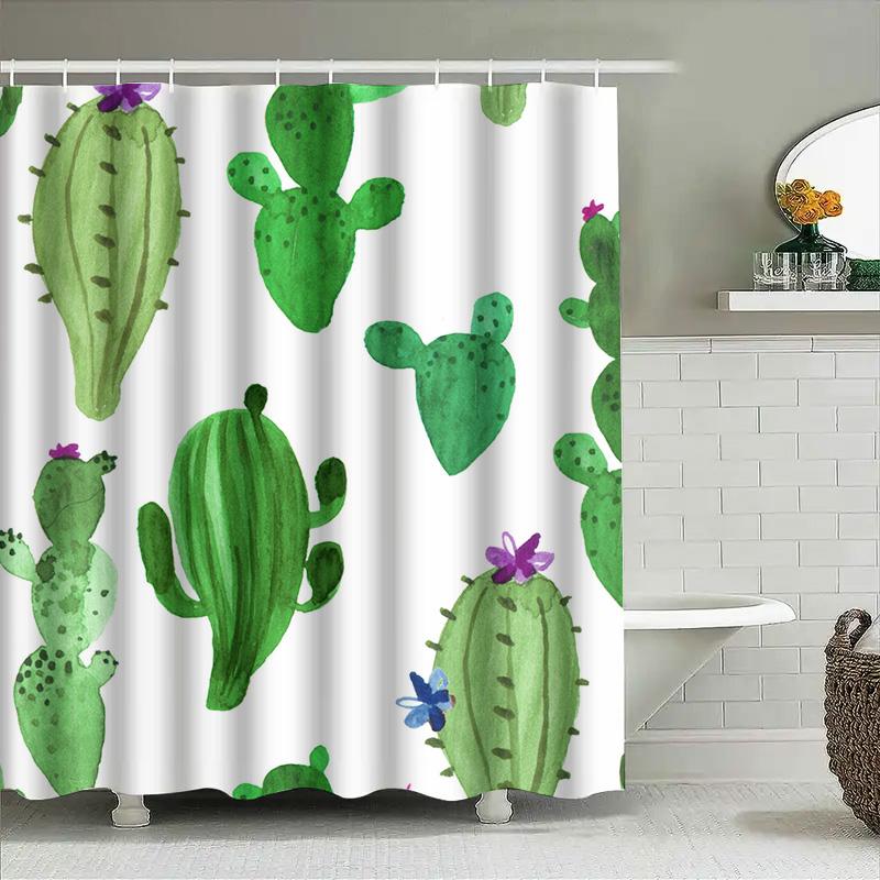 Colorful Cactus Shower Curtain Green Succulent Decor For Bathroom Watercolor Plant Design Polyester Fabric With Hooks Set Perfec