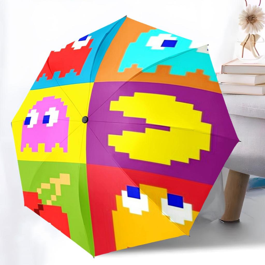 Cartoon Pac-Man Theme Umbrella Compact Portable Folding Umbrella Anti-UV Sunshade Rain Umbrella for Gift