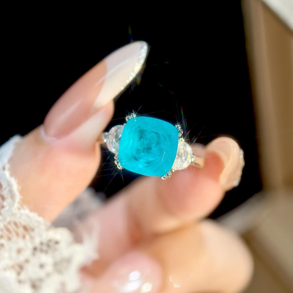 Princess Square Pillow Paraiba Neon Blue Premium Temperament Open Ring Women's Pendant Stud Earrings Set 2026