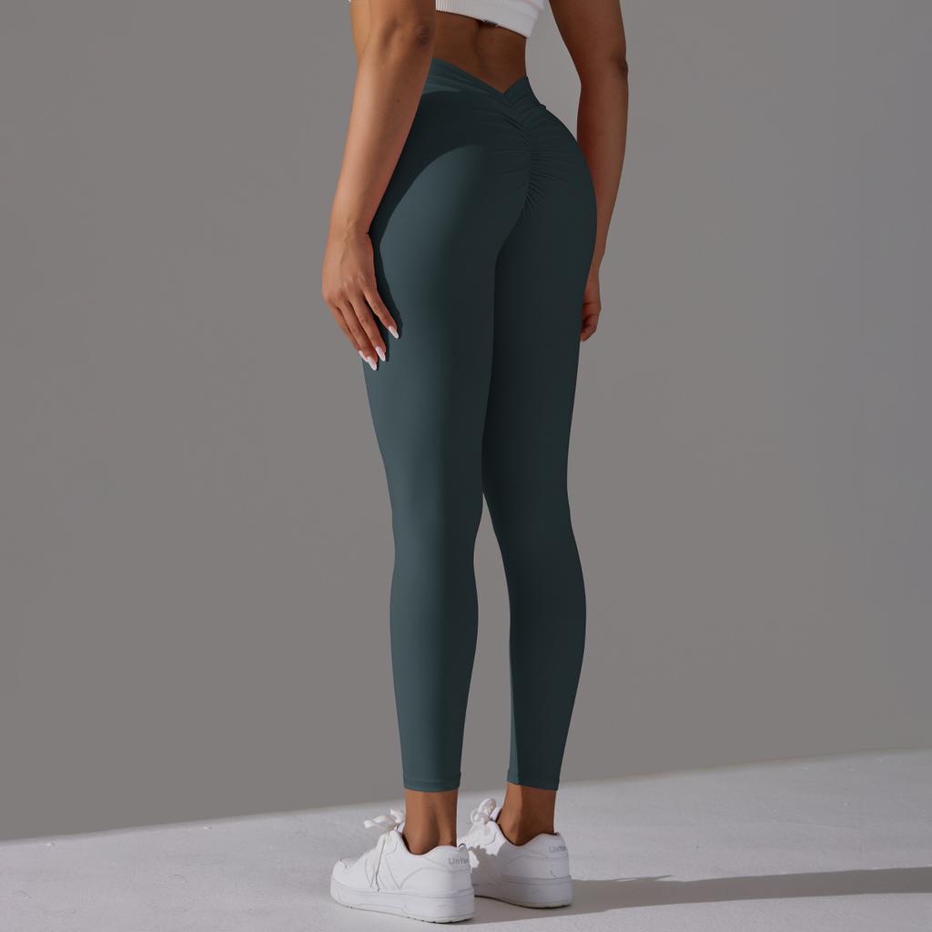 Brushed V-waist Pleated Solid Color Peach Hip Yoga Pants For Sports, Running, Fitness, Tight Fitting Cropped Pants