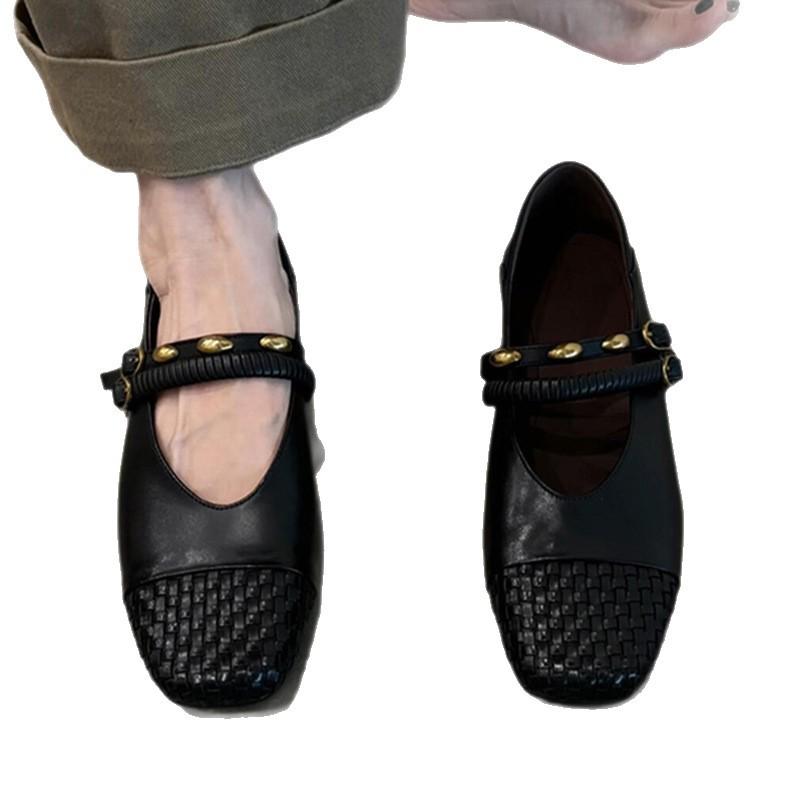 Sheepskin Version~ Genuine Leather Retro Hand-woven Flat-bottomed Shallow Mouth Single Shoes Women's Fashion New One-pedal Mary Jane Shoes