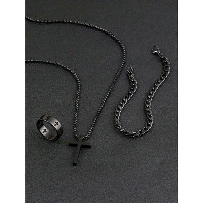 3pcs Men's Fashion Versatile Stainless Steel Jewelry Set, Black Cross Necklace, Bracelet And Ring, The Best Jewelry For Gift Giving Christmas