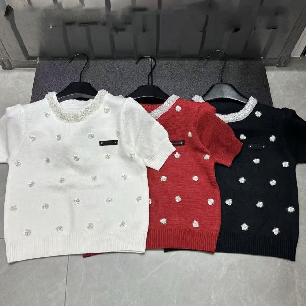 Miu-Style European High-Quality Early Spring 3D Floral Round Neck Knit Short-Sleeve Casual Pullover Top