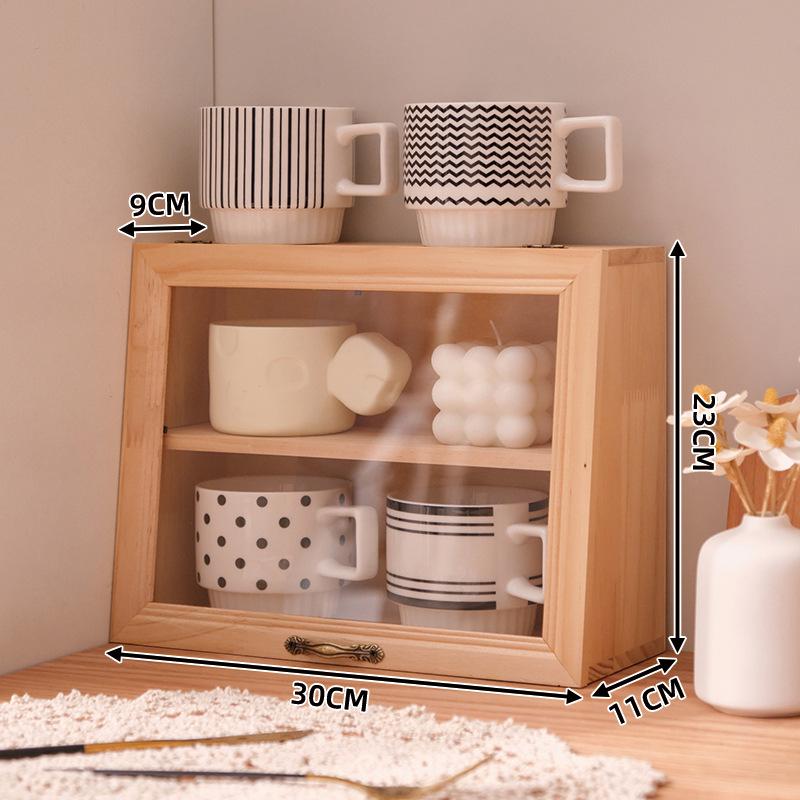 Retro Solid Wood Flip-Top Display Cabinet for Figures, Tableware, and Tea Sets