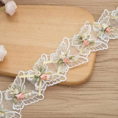 White Organza Three-dimensional Bow, Vanilla Lace Embroidered Trim For Hanfu Accessories, Children's Clothing Accessories