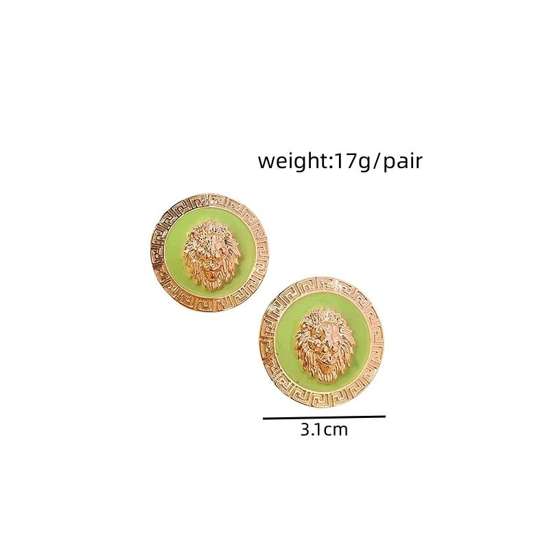 Embossed Pattern Enamel Lion Head Stud Earring for Women Round Earrings Post Hip Hop Exaggerated Earring Jewelry