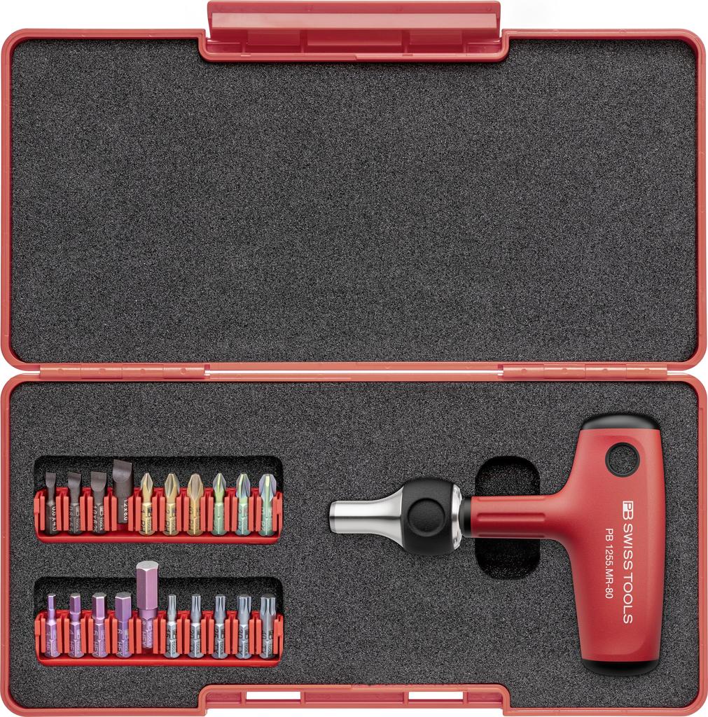 PB Swiss Tools Ratchet Driver Bit Set with Compatible with Series Hex 20-Piece T-Shaped Cross-Handle Case, C6/E6 1/4" Bits, 1255.MRSETCBB