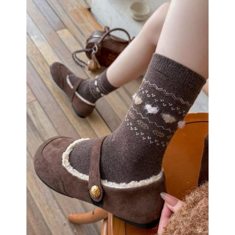 Retro Warm Fleece Socks for Women's Autumn and Winter Warmth, Thickened Mid-calf Socks, Cute Bow, Doggy Dui Dui Socks