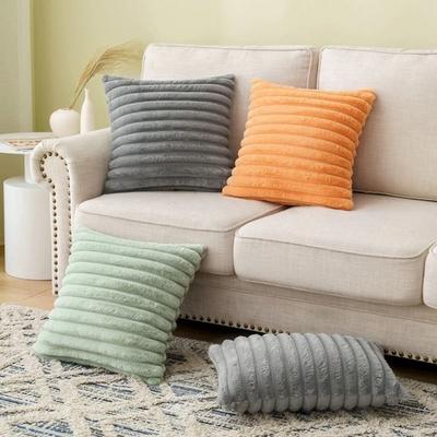 Skin Friendly Plush Pillow Cover Soft Decorative Short Plush Pillowcase Solid Color Detachable Fluffy Striped Cushion Cover