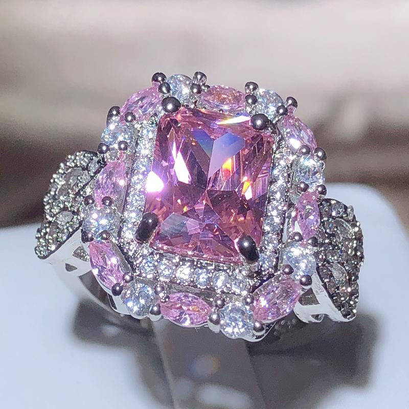 Sparkling Pink Zircon Collection Square Ring Female  Stamp New Fashion Jewelry Party Birthday Gift
