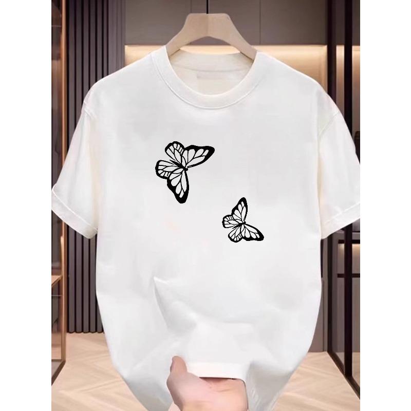 European sizes Summer butterfly pattern solid-color T-shirt for men - Simple design - T-shirt top S белый