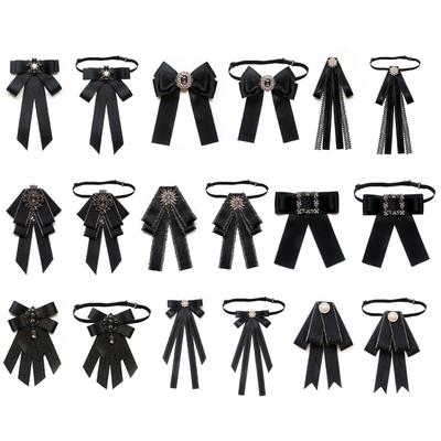 Women Elegant Ribbon Bowtie Brooch Pin Wedding Crystal Rhinestones Jewelry Bowknot Shirt Jabot Collar Pretied Necktie
