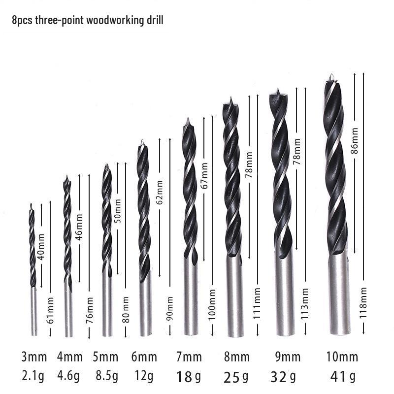 8-Piece High Carbon Steel Three-Point Woodworking Drill Bits Set (3-10mm) for Hand Drilling Wood Boards