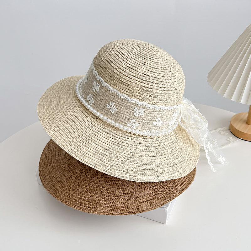 Sweet Pearl Lace Bow Straw Hat Women's Beach Hat Versatile Straw Hat Travel Sunscreen Sunshade Hat