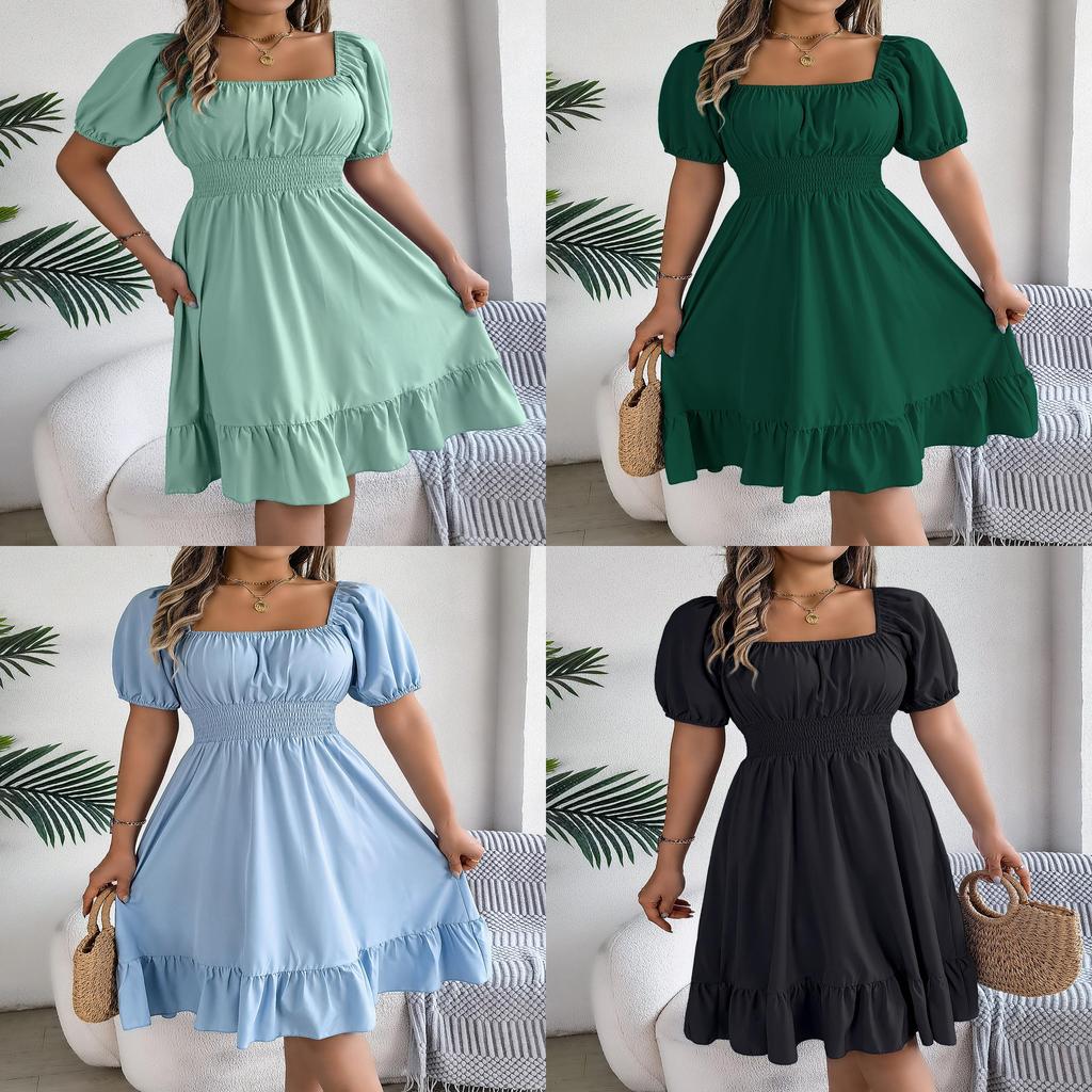 Euro Street Style Short Sleeve A Line Dress With Ruffle Hem For Casual Wear