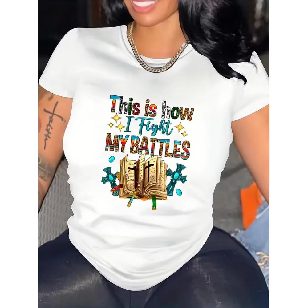 Plus Size Casual T-shirt Women's Plus Book & Cross & Slogan Print Short Sleeve Crew Neck Medium Stretch T-shirt