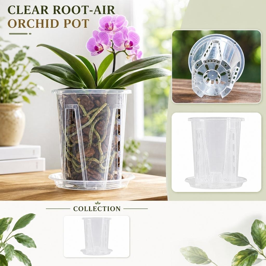 Transparent Plastic Orchid Pot with Drainage Hole and Tray 10cm Diameter Root Control Airflow Visible Root Growth Suitable for Moss Plants