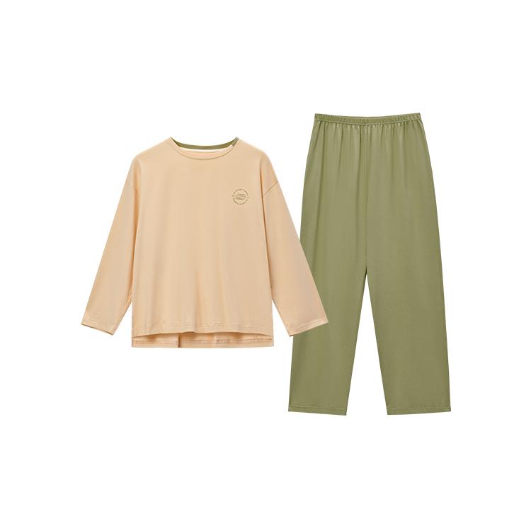 Skechers Round Neck Comfortable Casual Long Sleeve Elastic Waist Solid Color Pajama Set Women sleepwear Light-Apricot L225W267-00U0 M