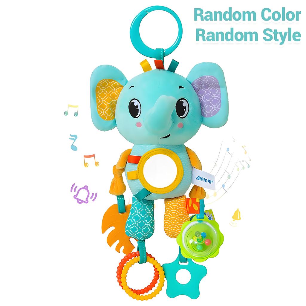 Crinkle Squeaky Plush Animal Toy | Multi-Sensory Hanging Activity with Teether | for Stroller Crib & Car Seat Development