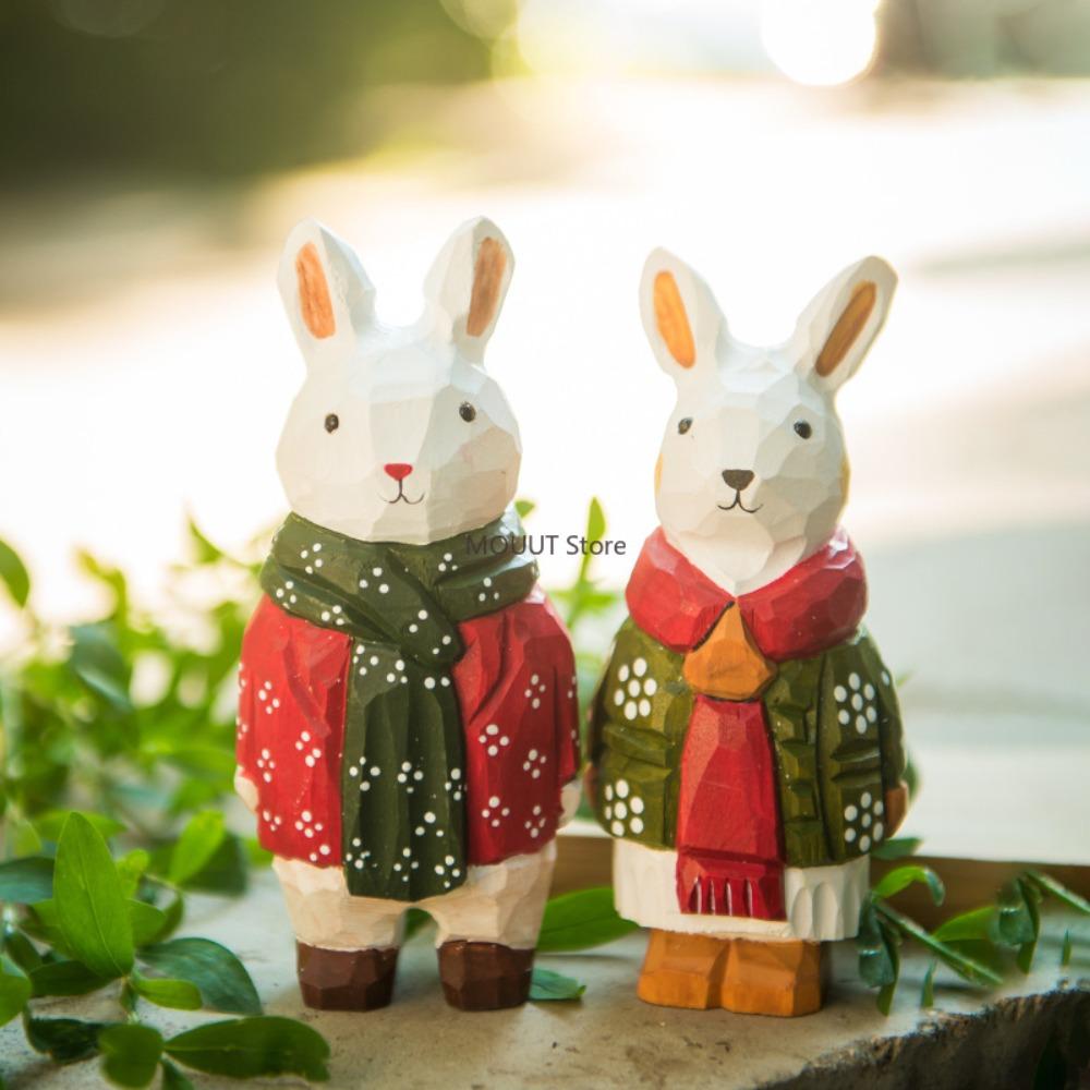 Handcrafted Wood Carving Rabbit Man Figurines Ornaments Home Office Kawaii Desktop Decor Birthday Christmas Gift for Family