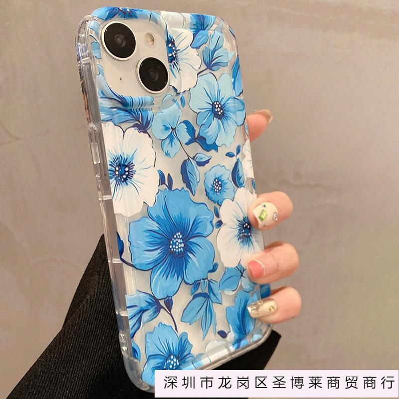 Retro Premium Blue Flower for iPhone15Pro Phone Case 14promax Transparent 13 Apple 11/12