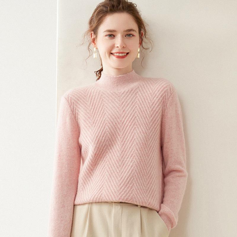 Women's Cashmere V-Neck Twill Sweater - Half-High Collar, Long Sleeve, Loose Fit, Slimming Base Layer for Autumn & Winter.