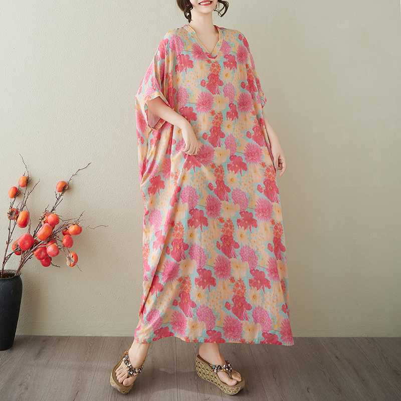 V-neck Retro Long Skirt Cotton Linen Dress for Women