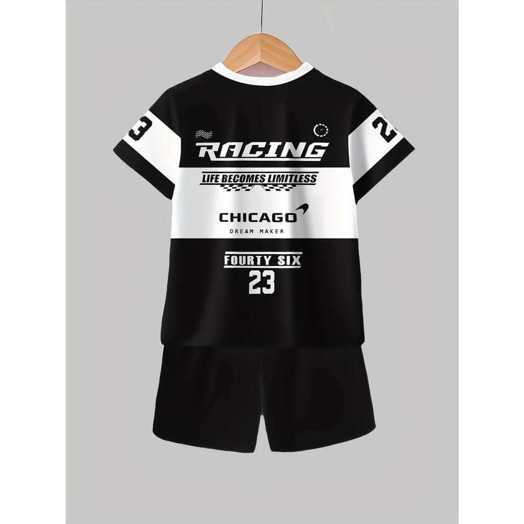 Boys' Set of Fashionable 3D Printed Casual Pullover, Short Sleeved Shorts, T Sports Shirt, Boys' Outdoor T-shirt Shorts Set
