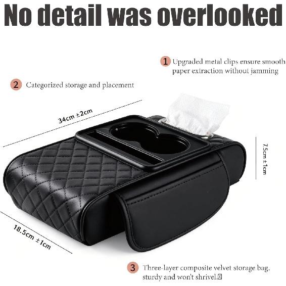 Multifunctional Pu Leather Car Armrest Box Mat with Cup Holders &Tissue Box Slot&Phone Slot