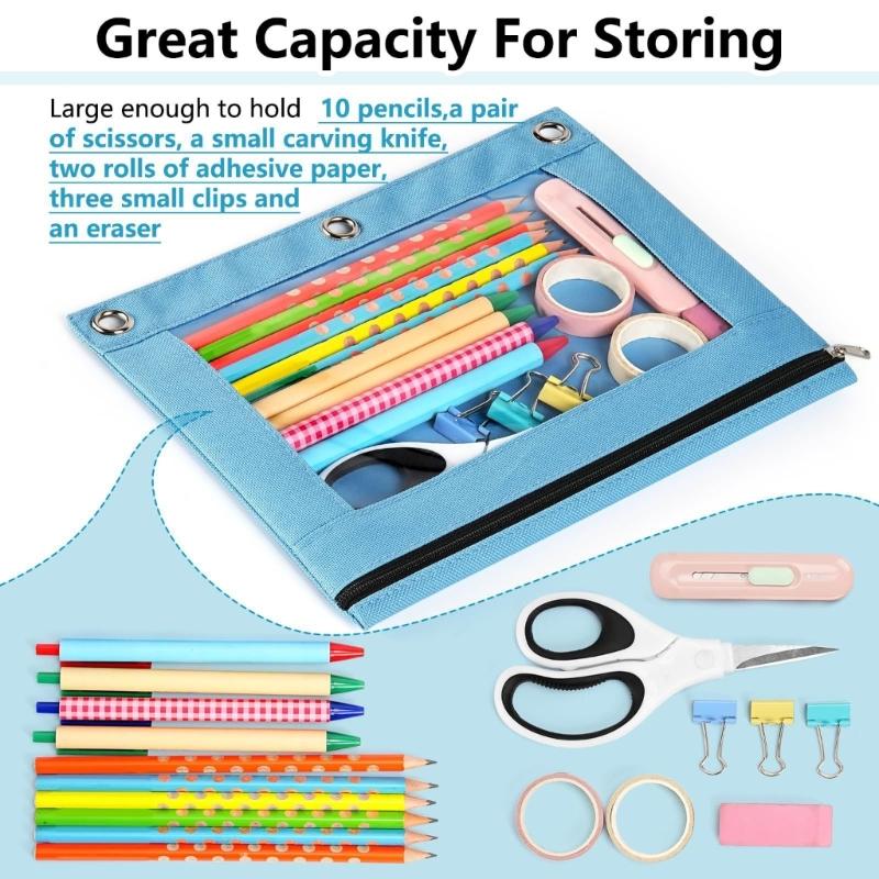 6 Pcs Zippers Pen Bag 3 Rings Binders Pencil Case File Bag Clear Window Pencil Box For Erasers Rulers Markers Storage