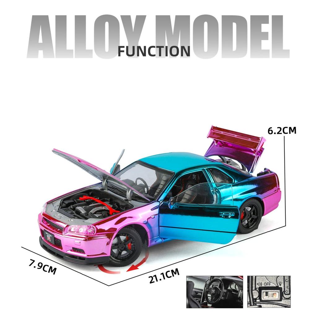1/24 Nissan Electroplated GT-R GTR R34 Alloy Sports Car Model Diecasts Metal Track Racing Car Vehicles Model Sound Light Kids Toys Gift
