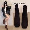 French 2025 Autumn and Winter New Thick Heel Round Head Thin Middle Heel Back Zipper Suede High Heel Fashion Boots Women