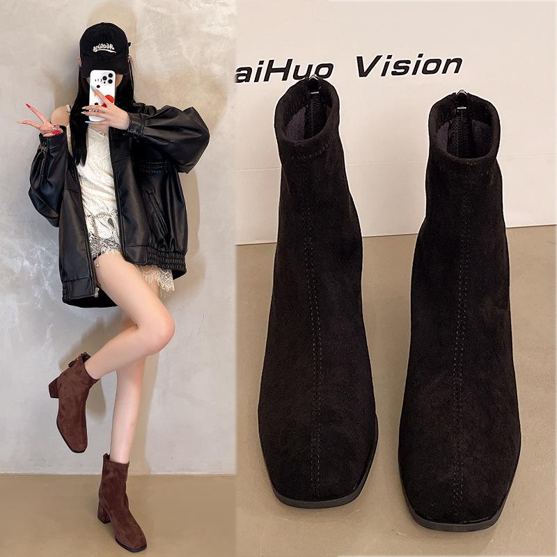 French 2025 Autumn and Winter New Thick Heel Round Head Thin Middle Heel Back Zipper Suede High Heel Fashion Boots Women