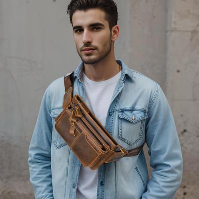 Wielofunkcyjna męska skórzana torba typu crossbody z warstwą skóry bydlęcej, torba na klatkę piersiową i talię