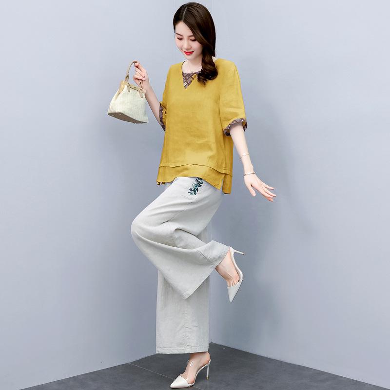 Summer 2025 Women's Retro Chinese Style Linen Top and Wide-Leg Pants Set